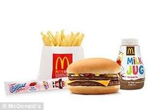 Double cheeseburger, French fries, and chocolate milk